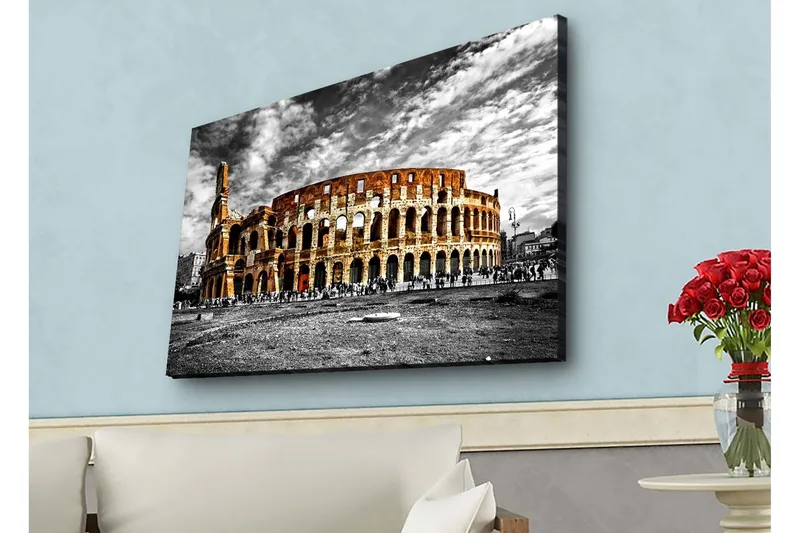 Canvastavla med LED-belysning - Kolosseum i svartvitt med inslag av orange och röd färg - Svart / Orange / Röd - Inredning - Tavlor & posters - Canvastavla