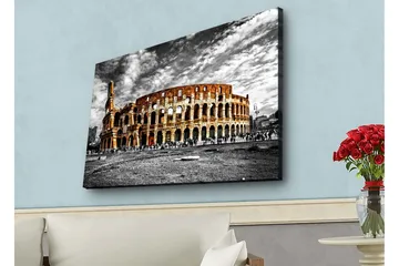Canvastavla med LED-belysning - Kolosseum i svartvitt med inslag av orange och röd färg - Svart / Orange / Röd - Inredning - Tavlor & posters - Canvastavla