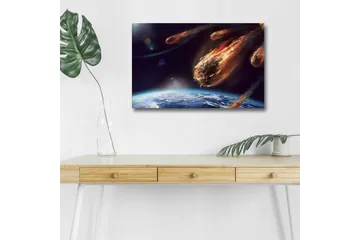 Canvastavla med LED-belysning - Kometnedslag över jorden i en dramatisk rymdscen - Mörkblå / Orange / Grå - Inredning - Tavlor & posters - Canvastavla