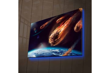 Canvastavla med LED-belysning - Kometnedslag över jorden i en dramatisk rymdscen - Mörkblå / Orange / Grå - Inredning - Tavlor & posters - Canvastavla