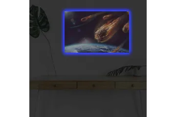 Canvastavla med LED-belysning - Kometnedslag över jorden i en dramatisk rymdscen - Mörkblå / Orange / Grå - Inredning - Tavlor & posters - Canvastavla