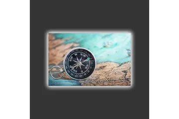 Canvastavla med LED-belysning - Kompass på en gammal karta med havstema - Turkos / Brunt / Svart - Inredning - Tavlor & posters - Canvastavla