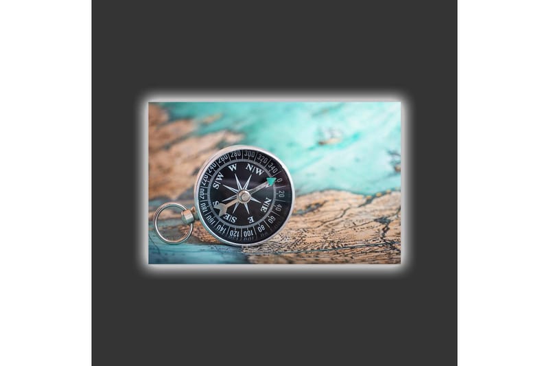 Canvastavla med LED-belysning - Kompass på en gammal karta med havstema - Turkos / Brunt / Svart - Inredning - Tavlor & posters - Canvastavla