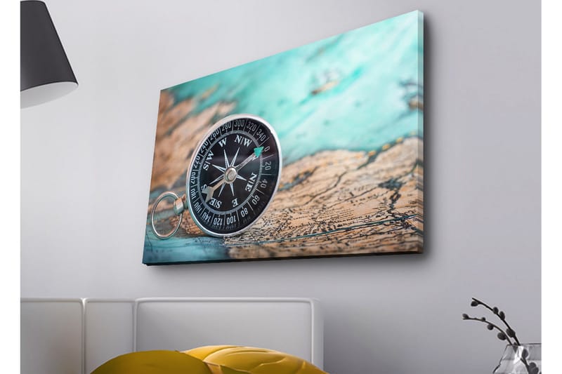 Canvastavla med LED-belysning - Kompass på en gammal karta med havstema - Turkos / Brunt / Svart - Inredning - Tavlor & posters - Canvastavla