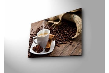 Canvastavla med LED-belysning - Kopp med ångande kaffe omgiven av kaffebönor och kryddor - Brun / Vit / Beige - Inredning - Tavlor & posters - Canvastavla