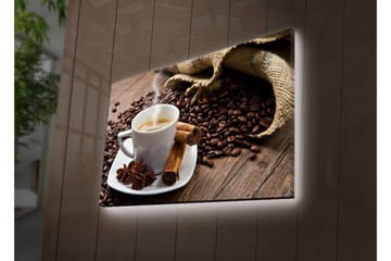 Canvastavla med LED-belysning - Kopp med ångande kaffe omgiven av kaffebönor och kryddor - Brun / Vit / Beige - Inredning - Tavlor & posters - Canvastavla