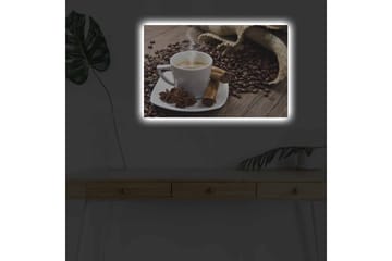 Canvastavla med LED-belysning - Kopp med ångande kaffe omgiven av kaffebönor och kryddor - Brun / Vit / Beige - Inredning - Tavlor & posters - Canvastavla