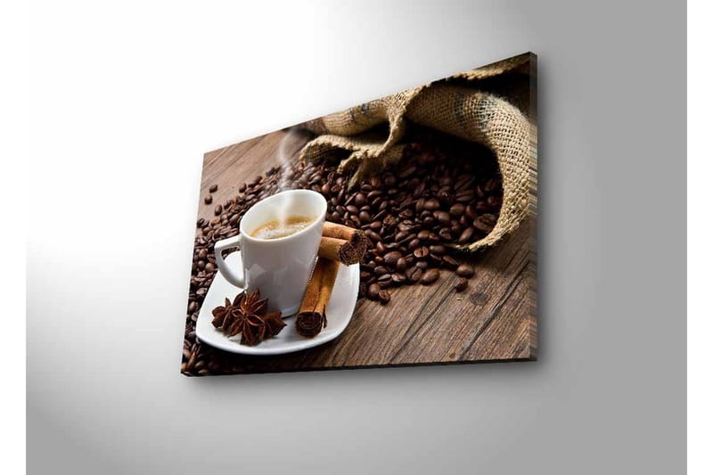 Canvastavla med LED-belysning - Kopp med ångande kaffe omgiven av kaffebönor och kryddor - Brun / Vit / Beige - Inredning - Tavlor & posters - Canvastavla