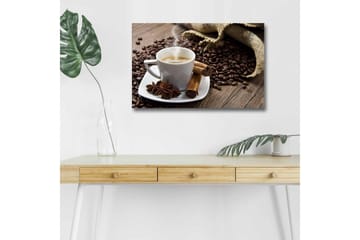 Canvastavla med LED-belysning - Kopp med ångande kaffe omgiven av kaffebönor och kryddor - Brun / Vit / Beige - Inredning - Tavlor & posters - Canvastavla