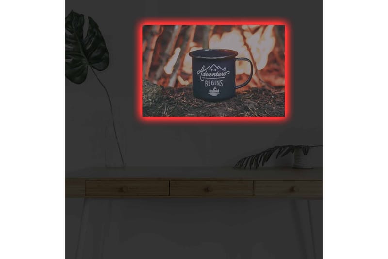 Canvastavla med LED-belysning - Kopp med text och bergslandskap i bakgrunden - Mörkblå / Orange / Grön - Inredning - Tavlor & posters - Canvastavla