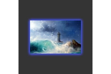 Canvastavla med LED-belysning - Kustlandskap med en fyr omgiven av kraftiga vågor - Mörkblå / Turkos / Vit - Inredning - Tavlor & posters - Canvastavla