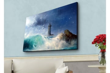 Canvastavla med LED-belysning - Kustlandskap med en fyr omgiven av kraftiga vågor - Mörkblå / Turkos / Vit - Inredning - Tavlor & posters - Canvastavla