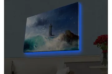 Canvastavla med LED-belysning - Kustlandskap med en fyr omgiven av kraftiga vågor - Mörkblå / Turkos / Vit - Inredning - Tavlor & posters - Canvastavla