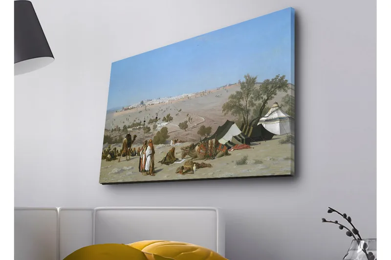 Canvastavla med LED-belysning - Landskap med beduiner och tält i ökenmiljö, Blå / Grön / Beige