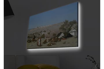 Canvastavla med LED-belysning - Landskap med beduiner och tält i ökenmiljö - Blå / Grön / Beige - Inredning - Tavlor & posters - Canvastavla