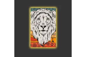 Canvastavla med LED-belysning - Lejonhuvud med färgglad bakgrund och mönster - Grå / Orange / Blå - Inredning - Tavlor & posters - Canvastavla