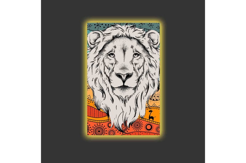 Canvastavla med LED-belysning - Lejonhuvud med färgglad bakgrund och mönster - Grå / Orange / Blå - Inredning - Tavlor & posters - Canvastavla