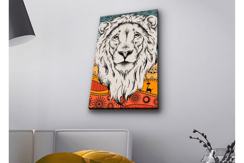 Canvastavla med LED-belysning - Lejonhuvud med färgglad bakgrund och mönster - Grå / Orange / Blå - Inredning - Tavlor & posters - Canvastavla