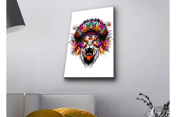 Canvastavla med LED-belysning - Lejonhuvud med färgglad fjäderskrud - Orange / Lila / Grön - Inredning - Tavlor & posters - Canvastavla