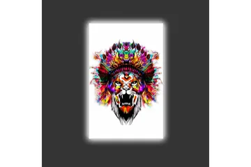 Canvastavla med LED-belysning - Lejonhuvud med färgglad fjäderskrud - Orange / Lila / Grön - Inredning - Tavlor & posters - Canvastavla