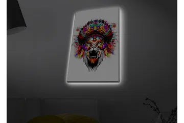 Canvastavla med LED-belysning - Lejonhuvud med färgglad fjäderskrud - Orange / Lila / Grön - Inredning - Tavlor & posters - Canvastavla