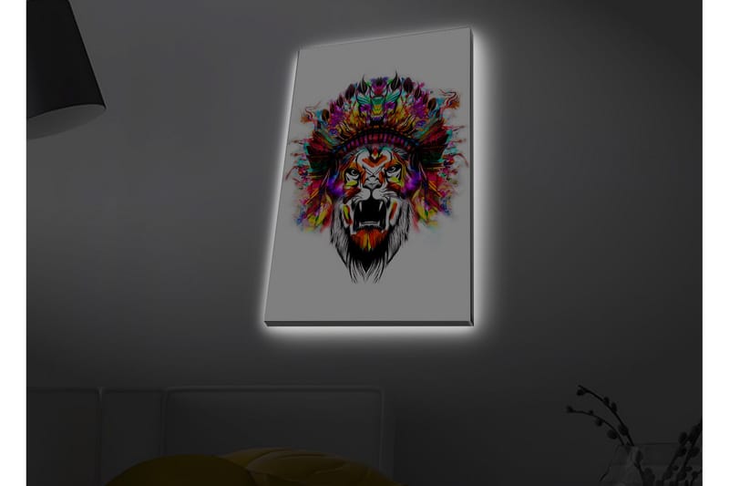 Canvastavla med LED-belysning - Lejonhuvud med färgglad fjäderskrud - Orange / Lila / Grön - Inredning - Tavlor & posters - Canvastavla