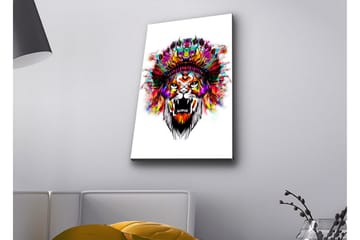 Canvastavla med LED-belysning - Lejonhuvud med färgglad fjäderskrud - Orange / Lila / Grön - Inredning - Tavlor & posters - Canvastavla