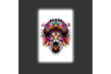 Canvastavla med LED-belysning - Lejonhuvud med färgglad fjäderskrud - Orange / Lila / Grön - Inredning - Tavlor & posters - Canvastavla