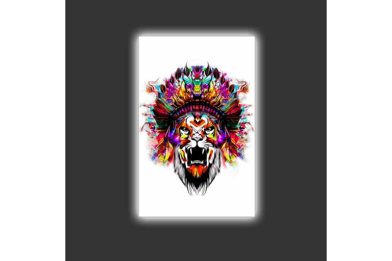 Canvastavla med LED-belysning - Lejonhuvud med färgglad fjäderskrud - Orange / Lila / Grön - Inredning - Tavlor & posters - Canvastavla