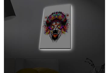 Canvastavla med LED-belysning - Lejonhuvud med färgglad fjäderskrud - Orange / Lila / Grön - Inredning - Tavlor & posters - Canvastavla