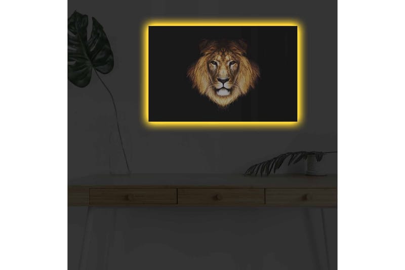 Canvastavla med LED-belysning - Lejonhuvud med intensiv blick - Guld / Svart / Brun - Inredning - Tavlor & posters - Canvastavla