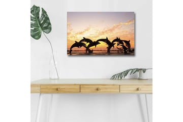 Canvastavla med LED-belysning - Lekfulla delfiner som hoppar i solnedgången - Orange / Svart / Blå - Inredning - Tavlor & posters - Canvastavla