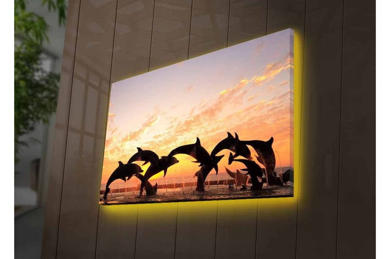 Canvastavla med LED-belysning - Lekfulla delfiner som hoppar i solnedgången - Orange / Svart / Blå - Inredning - Tavlor & posters - Canvastavla