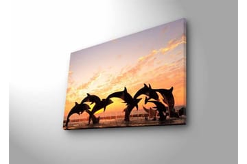 Canvastavla med LED-belysning - Lekfulla delfiner som hoppar i solnedgången - Orange / Svart / Blå - Inredning - Tavlor & posters - Canvastavla