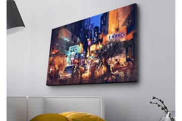 Canvastavla med LED-belysning - Livlig stadsbild med nattliv och bilar - Mörkblå / Orange / Grön - Inredning - Tavlor & posters - Canvastavla