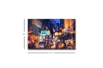 Canvastavla med LED-belysning - Livlig stadsbild med nattliv och bilar - Mörkblå / Orange / Grön - Inredning - Tavlor & posters - Canvastavla