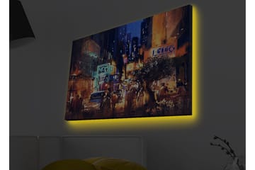 Canvastavla med LED-belysning - Livlig stadsbild med nattliv och bilar - Mörkblå / Orange / Grön - Inredning - Tavlor & posters - Canvastavla
