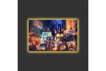 Canvastavla med LED-belysning - Livlig stadsbild med nattliv och bilar - Mörkblå / Orange / Grön - Inredning - Tavlor & posters - Canvastavla