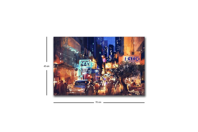 Canvastavla med LED-belysning - Livlig stadsbild med nattliv och bilar - Mörkblå / Orange / Grön - Inredning - Tavlor & posters - Canvastavla