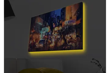 Canvastavla med LED-belysning - Livlig stadsbild med nattliv och bilar - Mörkblå / Orange / Grön - Inredning - Tavlor & posters - Canvastavla