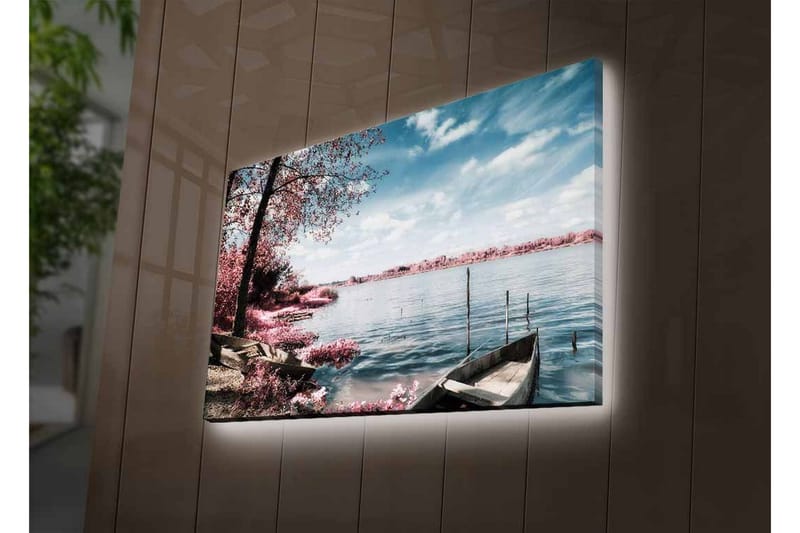 Canvastavla med LED-belysning - Lugn sjölandskap med båtar och blommande träd - Rosa / Blå / Grå - Inredning - Tavlor & posters - Canvastavla