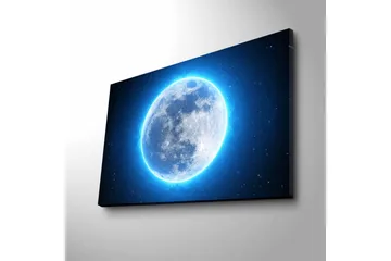 Canvastavla med LED-belysning - Luminös fullmåne omgiven av stjärnor - Blå / Vit / Mörkblå - Inredning - Tavlor & posters - Canvastavla