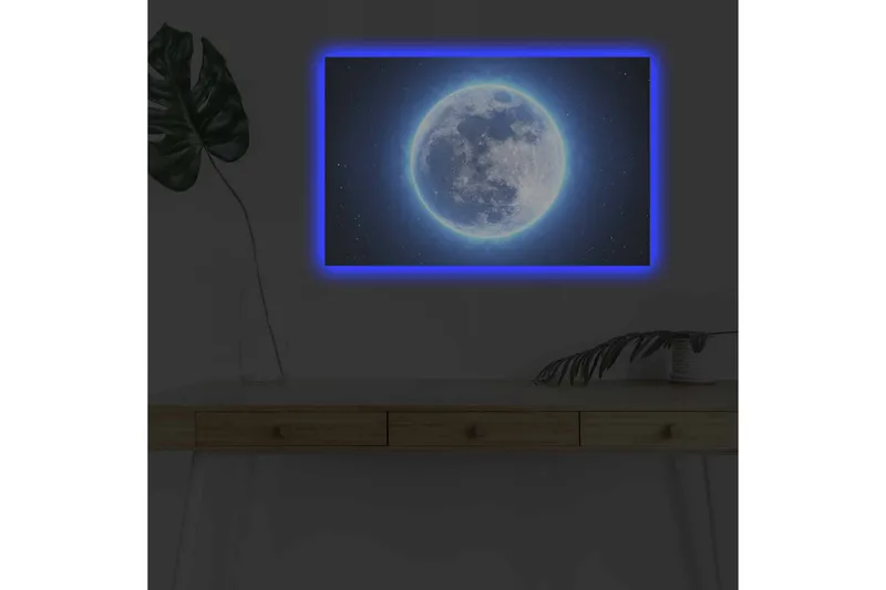 Canvastavla med LED-belysning - Luminös fullmåne omgiven av stjärnor - Blå / Vit / Mörkblå - Inredning - Tavlor & posters - Canvastavla