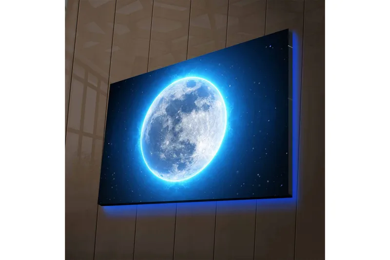 Canvastavla med LED-belysning - Luminös fullmåne omgiven av stjärnor - Blå / Vit / Mörkblå - Inredning - Tavlor & posters - Canvastavla