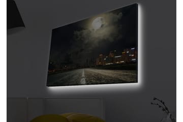Canvastavla med LED-belysning - Mörk stadssilhuett under en fullmåne med en väg som leder in i fjärran - Mörkblå / Grå / Svart - Inredning - Tavlor & posters - Canvastavla