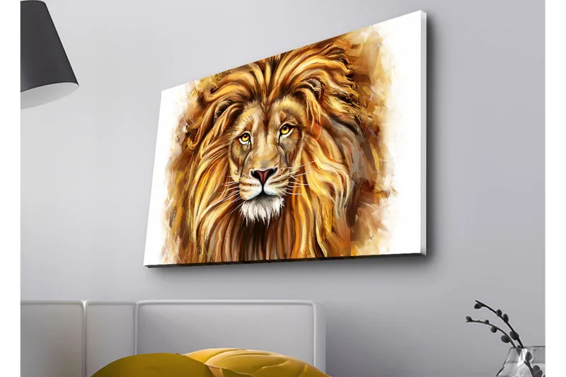 Canvastavla med LED-belysning - Majestätisk lejonhuvud med detaljerad man och uttrycksfulla ögon - Guld / Brun / Beige - Inredning - Tavlor & posters - Canvastavla