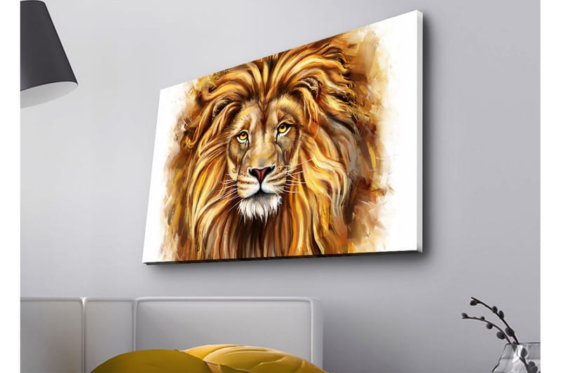 Canvastavla med LED-belysning - Majestätisk lejonhuvud med detaljerad man och uttrycksfulla ögon - Guld / Brun / Beige - Inredning - Tavlor & posters - Canvastavla