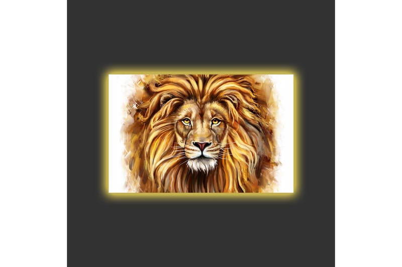 Canvastavla med LED-belysning - Majestätisk lejonhuvud med detaljerad man och uttrycksfulla ögon - Guld / Brun / Beige - Inredning - Tavlor & posters - Canvastavla