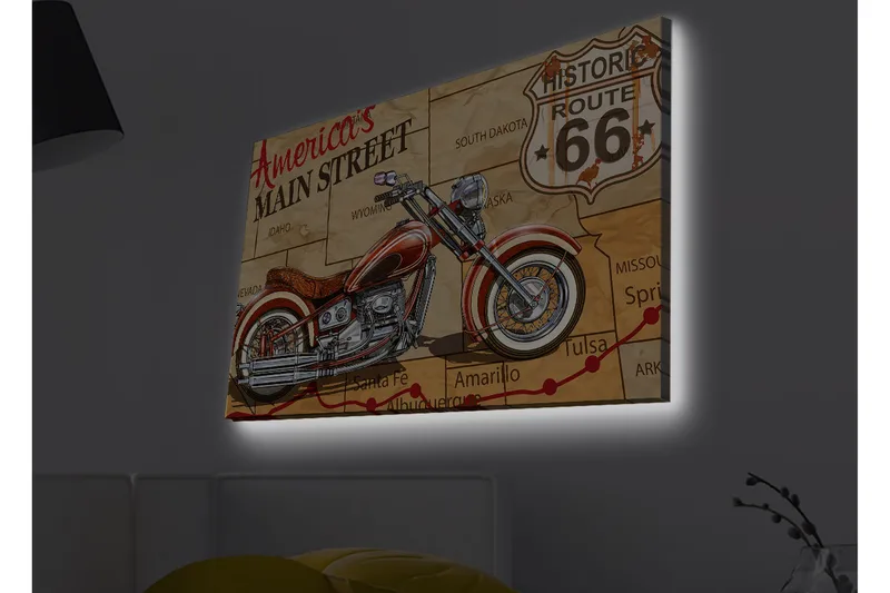Canvastavla med LED-belysning - Motorcykel på en karta över Route 66 - Röd / Beige / Svart - Inredning - Tavlor & posters - Canvastavla