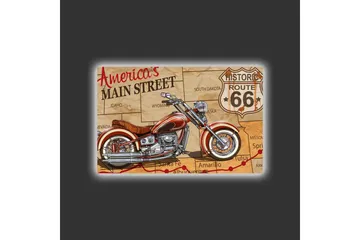 Canvastavla med LED-belysning - Motorcykel på en karta över Route 66 - Röd / Beige / Svart - Inredning - Tavlor & posters - Canvastavla